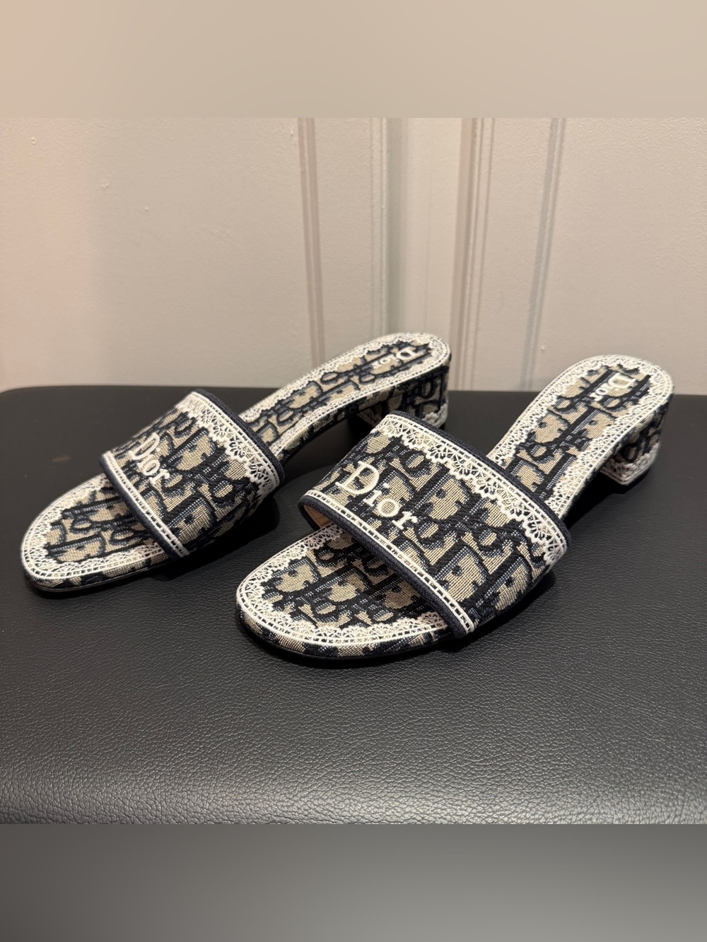 Brand New Christian Dior Dentelle Heeled Slide Navy White Lacy Sandal Sz 38
